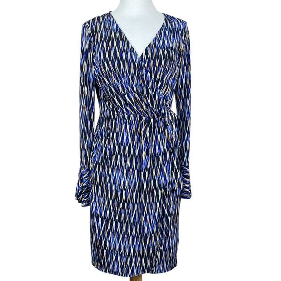 London Times Long Sleeve Dress Size 8 Blue Tan - Picture 1 of 6
